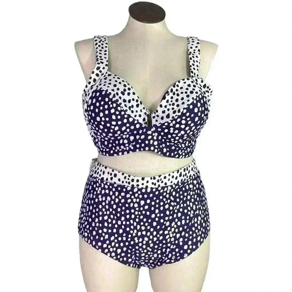 Raisins Curve Bikini Swimsuit Womens 24W Blue Polka Dot Beach Vacation Pool NEW - Picture 1 of 11
